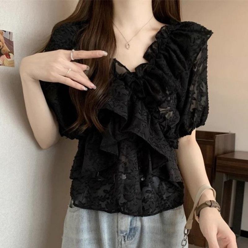 Flounce-Trimmed Lace Blouse | Womens Shirts & Blouses Clothing Shirts & Blouses